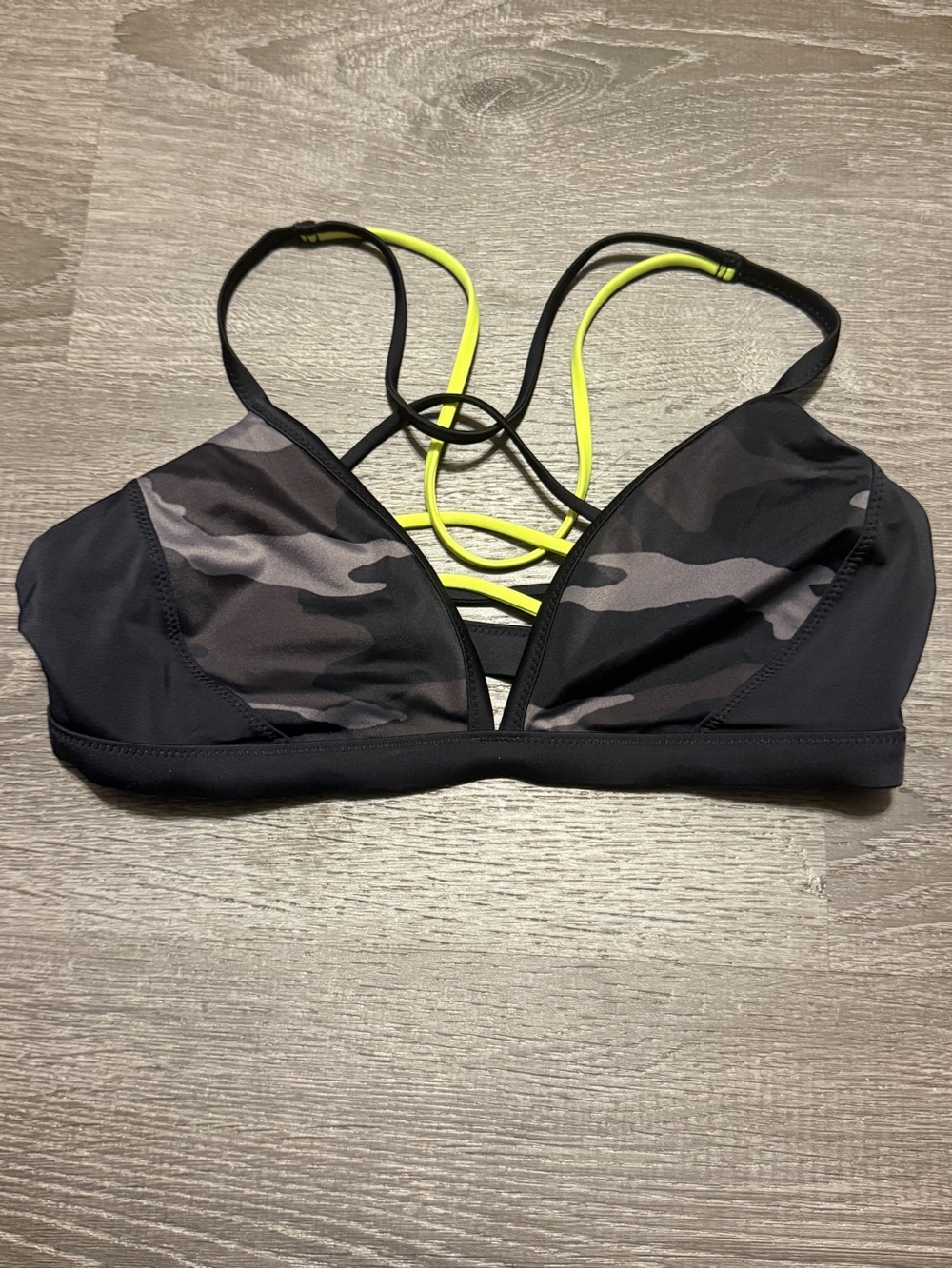 Athleta Camo Strappy Bikini Swim Top XS Black Gray Neon Yellow